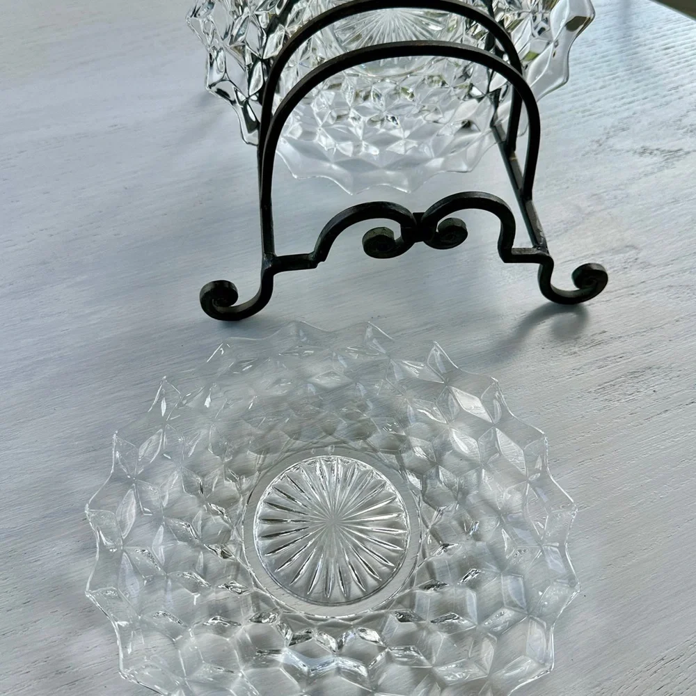 1940’S AMERICAN FOSTORIA, SET/4, 7 3/4” SALAD PLATES. CLEAR, HEAVY PRESSED GLASS